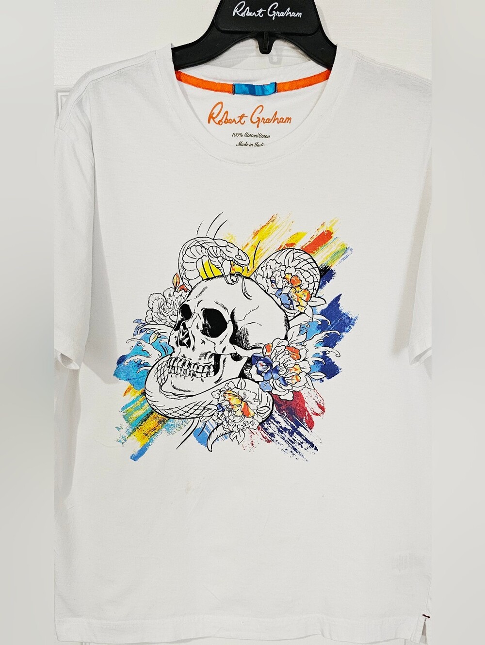 Robert Graham White Tee with Skull, Snake & Colorful Brushstrokes